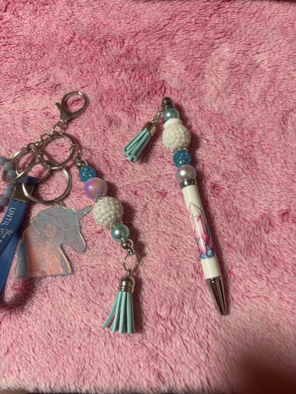 Angelite Bracelet Unicorn Keychain Inspirational Message & Handmade Beaded Pen - Picture 3 of 5